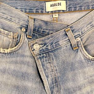 AGolde crossover jeans, distressed edges, cropped, buttonfly, size 24